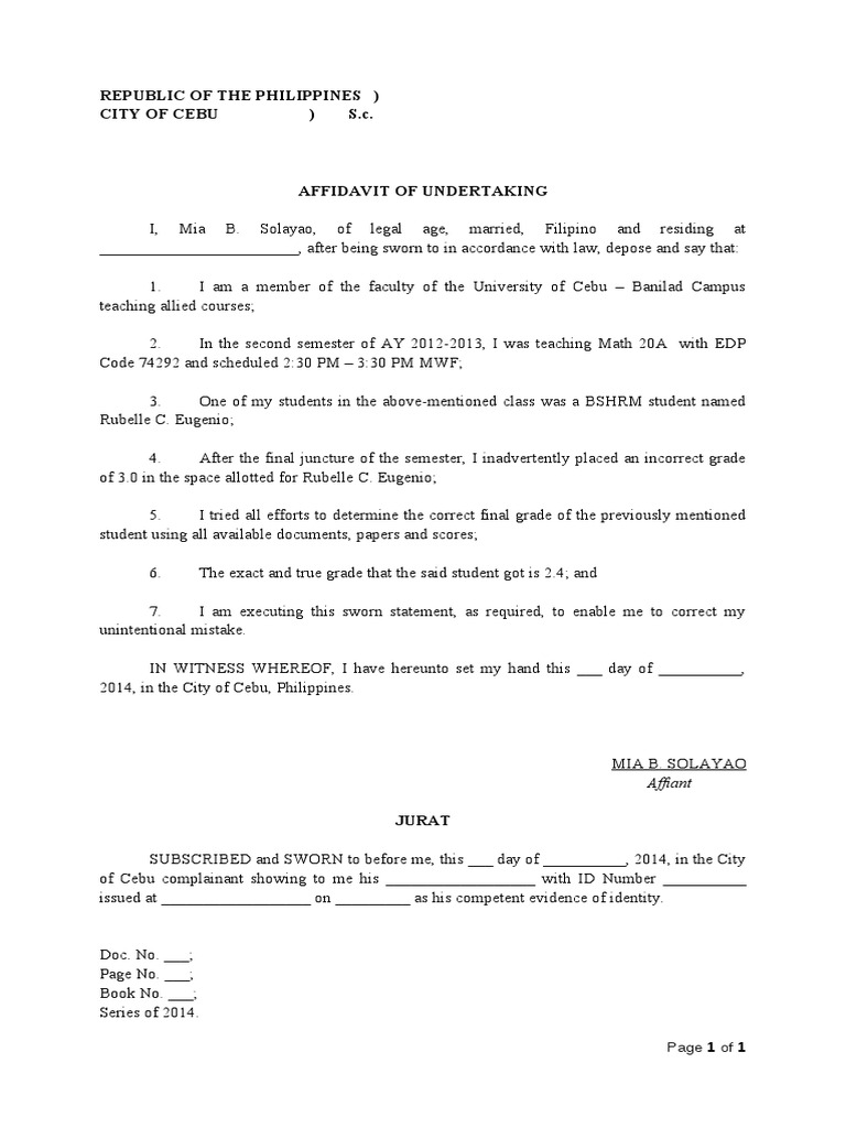 Affidavit Of Undertaking Template