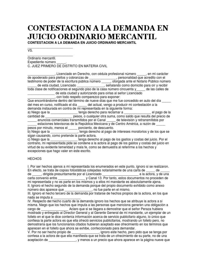 Contestacion A La Demanda en Juicio Ordinario Mercantil | PDF |  Consentimiento | Derecho civil (sistema legal)