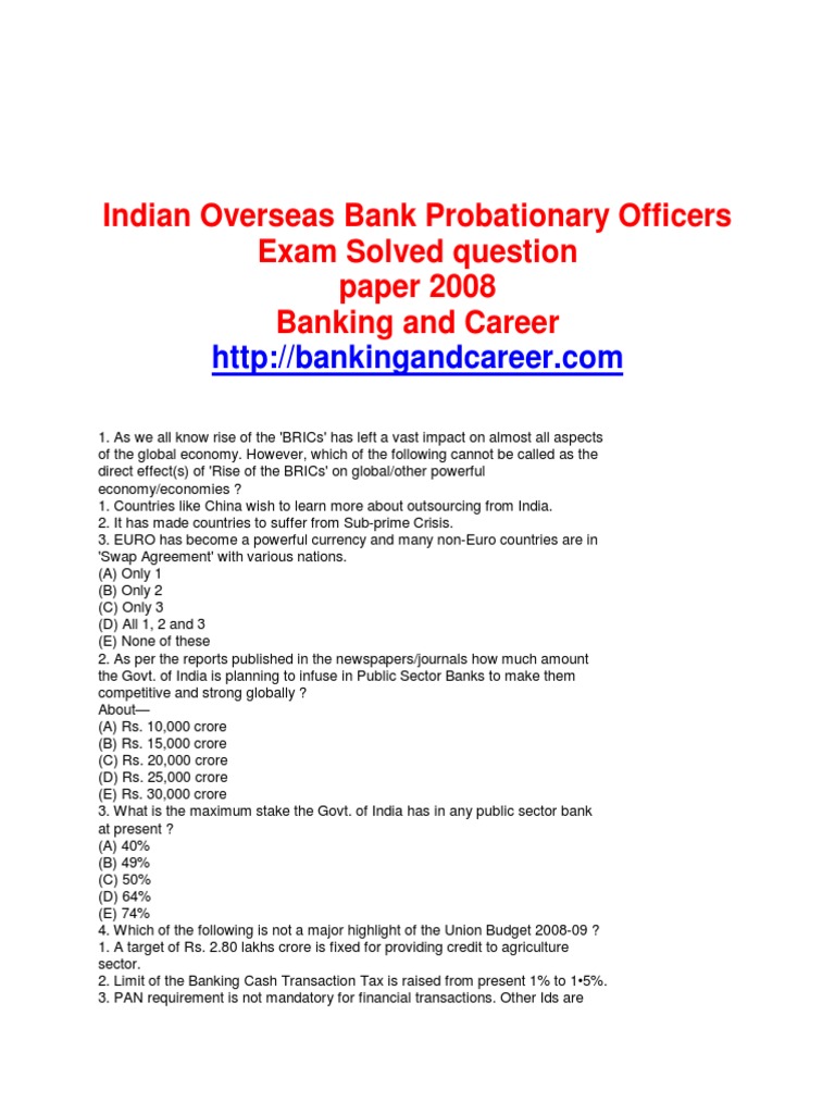 Indian Overseas Bank Probationary Officers Exam Solved Question Paper ...