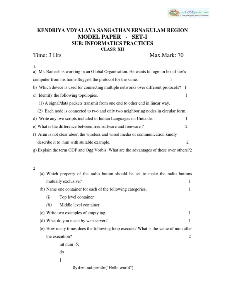 Class XII Informatics Practices Model Paper | PDF | Computers