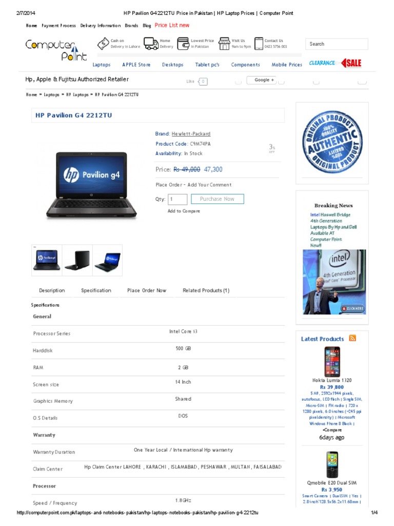 HP Pavilion G4 2212TU Price in Pakistan _ HP Laptop Prices _ Computer