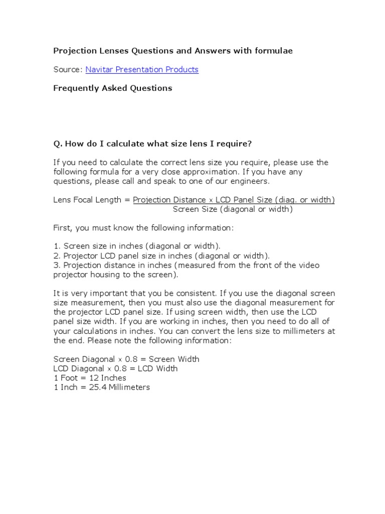 Projection Lenses Questions and Answers With Formulae PDF PDF Lens
