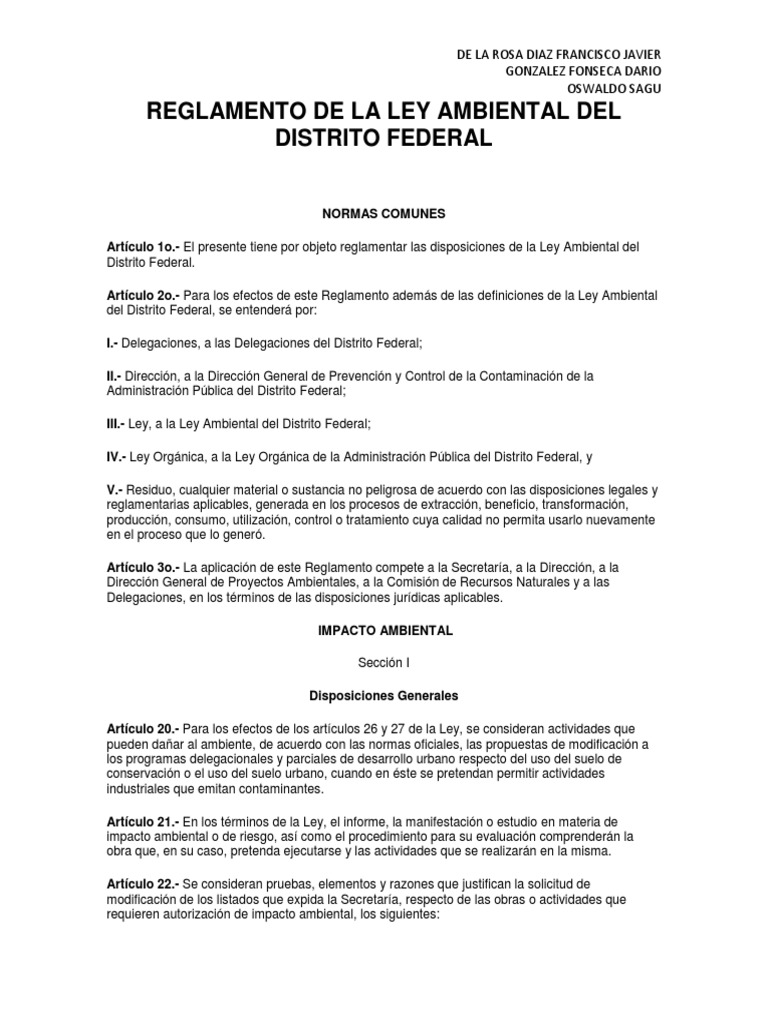Reglamento de La Ley Ambiental Del Distrito Federal Ley del Medio Ambiente Agua