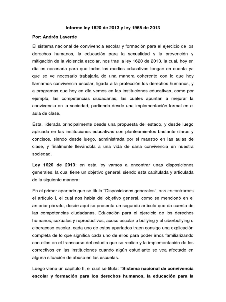 Informe sobre Ley 1620 y 1965 de 2013 | PDF | Institución | Acoso ...