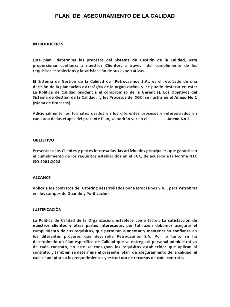 Plan de Aseguramiento de Calidad SGC | PDF | Gestión de la calidad ...