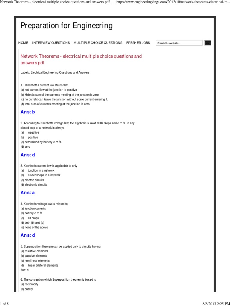 Network Theorems Electrical Multiple Choice Questions and Answers PDF