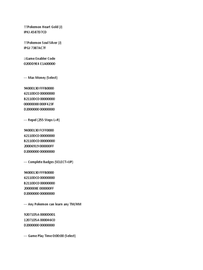Pokemon Heart Gold/Soul Silver Action Replay Codes (J) PDF Pokémon
