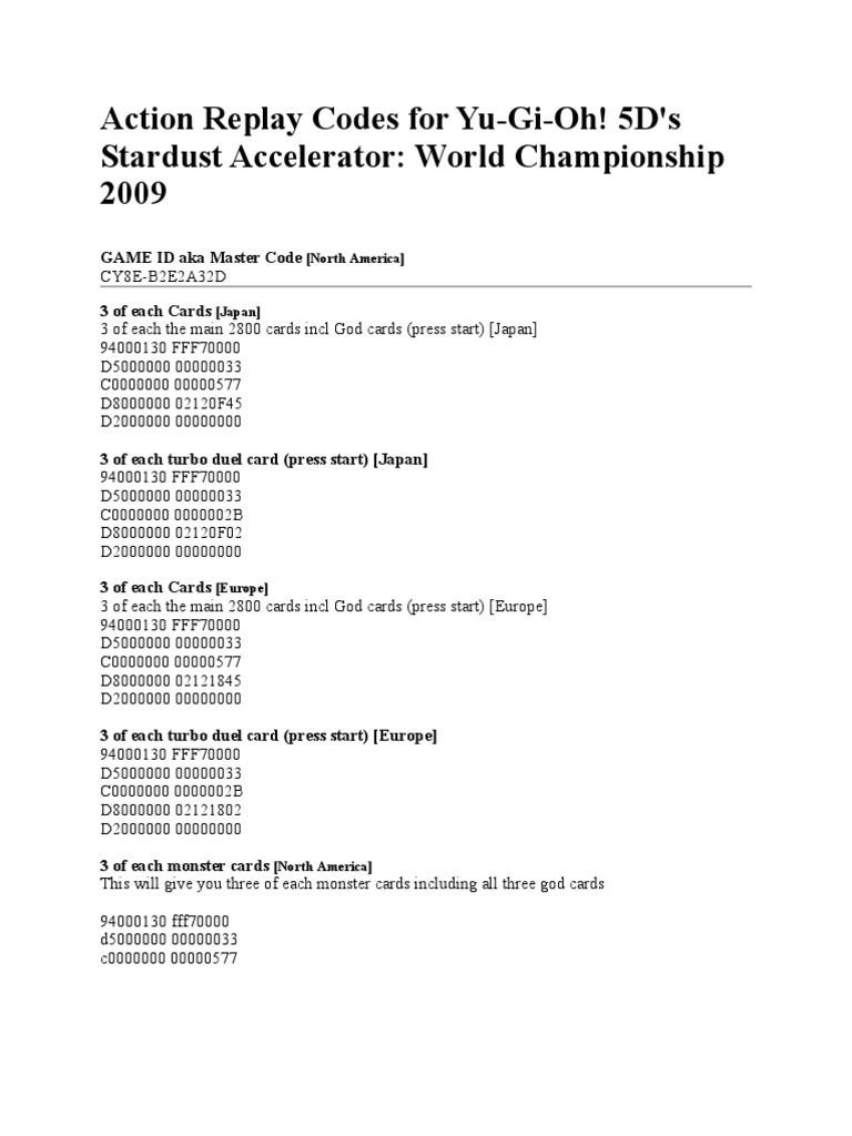 yugioh world championship 2008 card codes Action Replay Codes for Yu-Gi-Oh! 5D's | PDF | Video Game Companies Of  Japan
