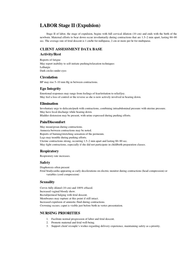 Nursing Interventions for Stage II Labor | PDF | Childbirth | Anesthesia