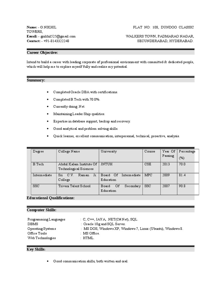G. Nikhil - Oracle DBA & .NET Developer Resume | PDF