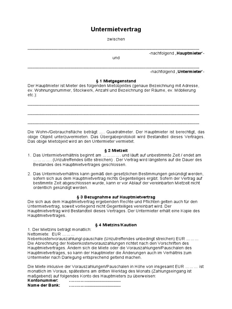 Muster Untermietvertrag 123um De Pdf