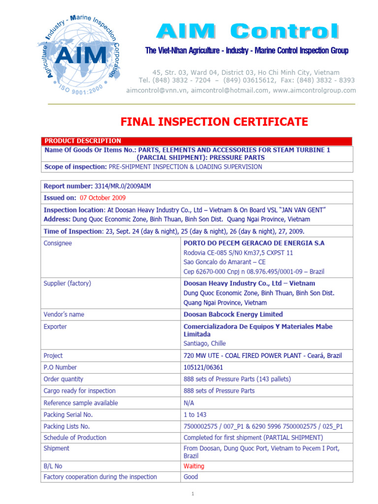 Final Inspection Certificate for Lashing & Securing (RighAIM CONTROL