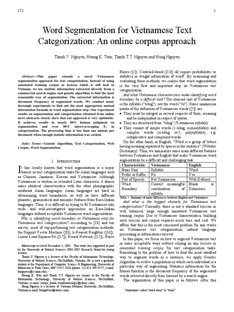 Word Segmentation For Vietnamese Text Categorization | PDF