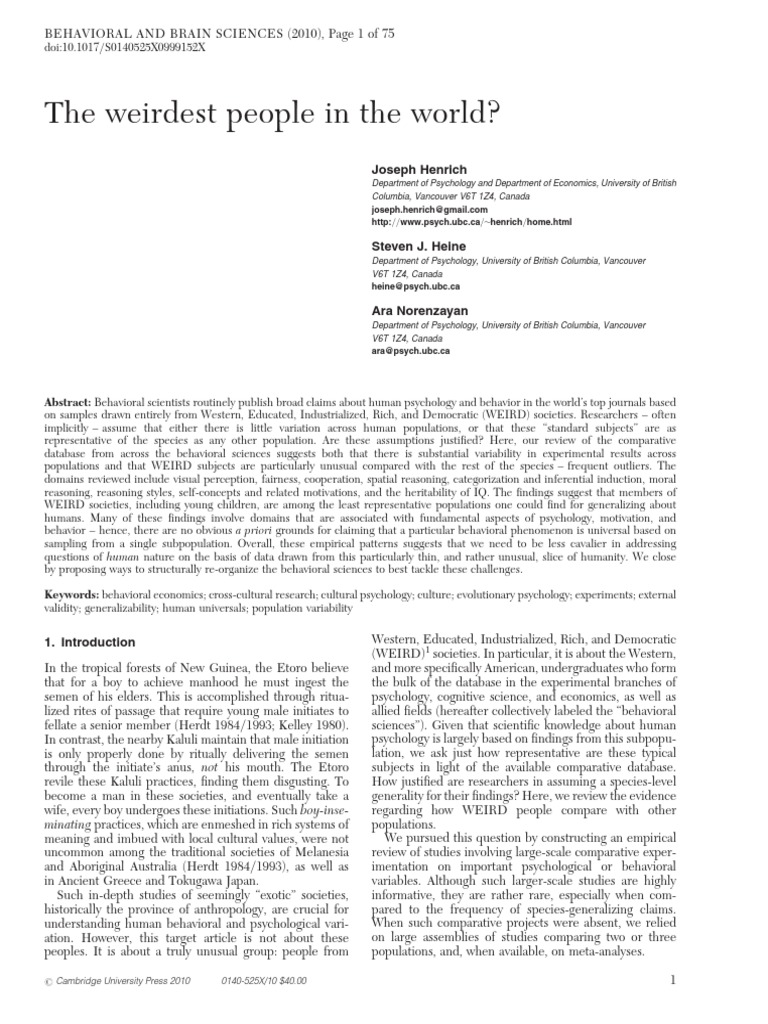 Henrich Et Al 2010 WEIRD Samples PDF Psychology Reason