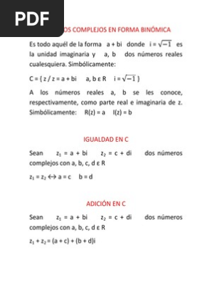 Numeros Complejos En Forma Binomica Pdf Division Matematicas