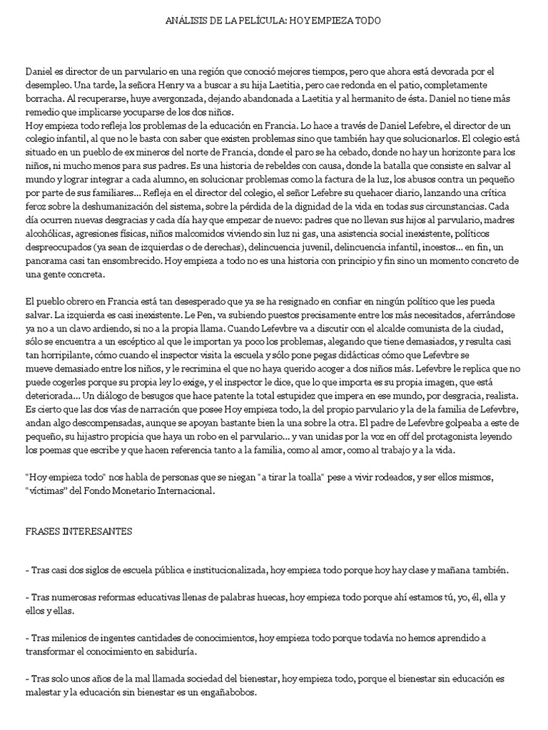 ANÁLISIS PELÍCULA Hoy empieza todo PDF Bienestar Jardín de infancia
