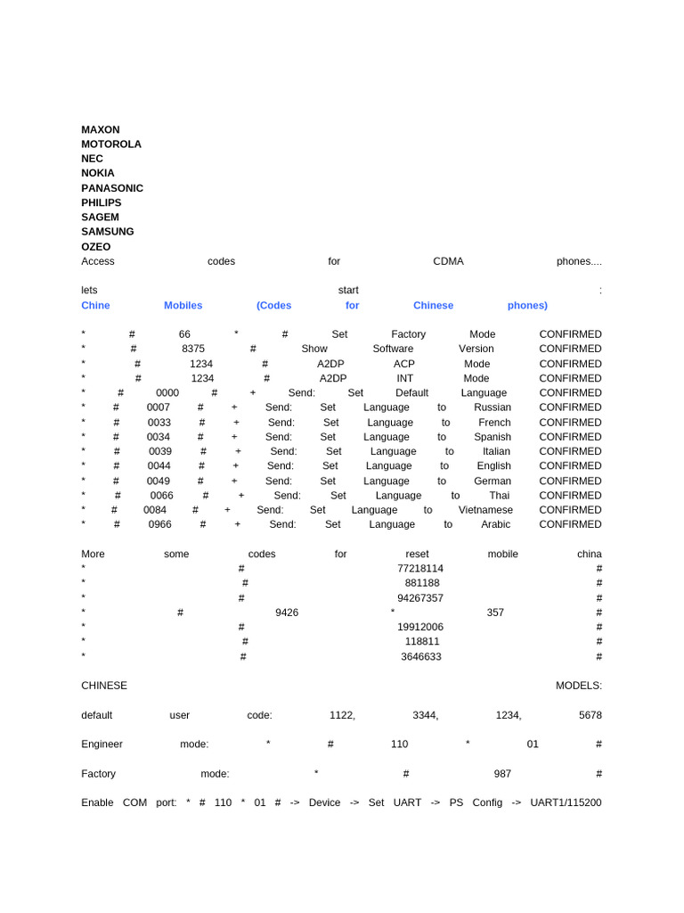 CDMA Phone Access Codes Guide | PDF | Electronics | Mobile ...