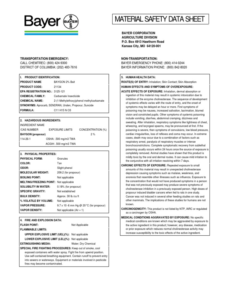 Material Safety Data Sheet Bayer Corporation Agriculture Division P.O. Box 4913 Hawthorn Road