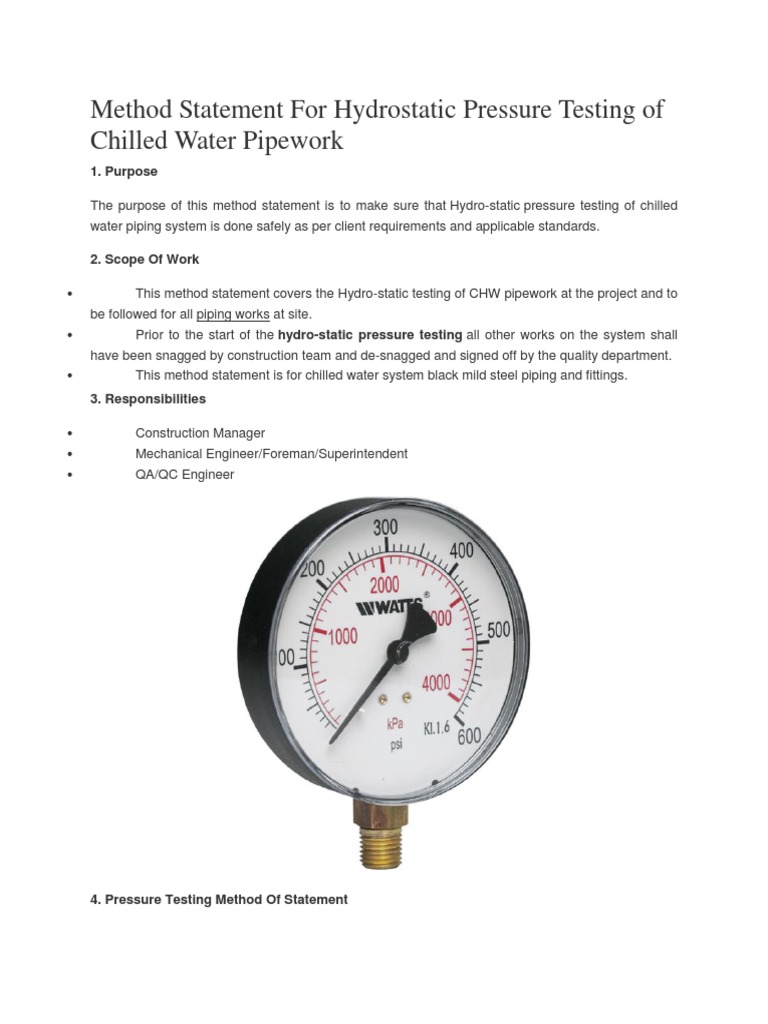 pressure b test dates Pressure for Method Statement Hydrostatic of Testing