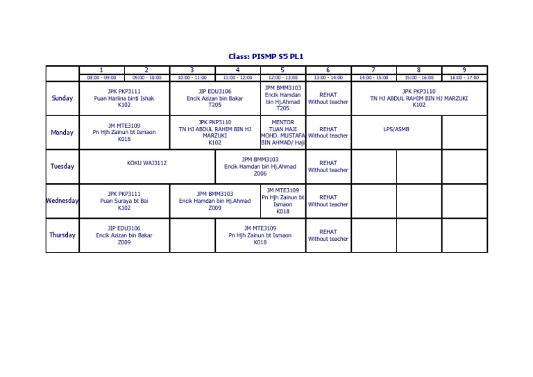PL1 Timetable for PISMP S5 | PDF