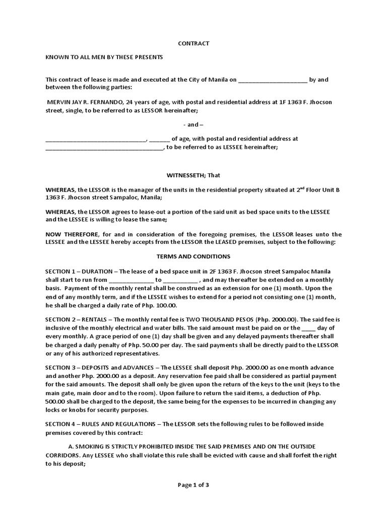 Bedspace Contract Lease Social Institutions Bedspace Contract Lease Social Institutions
