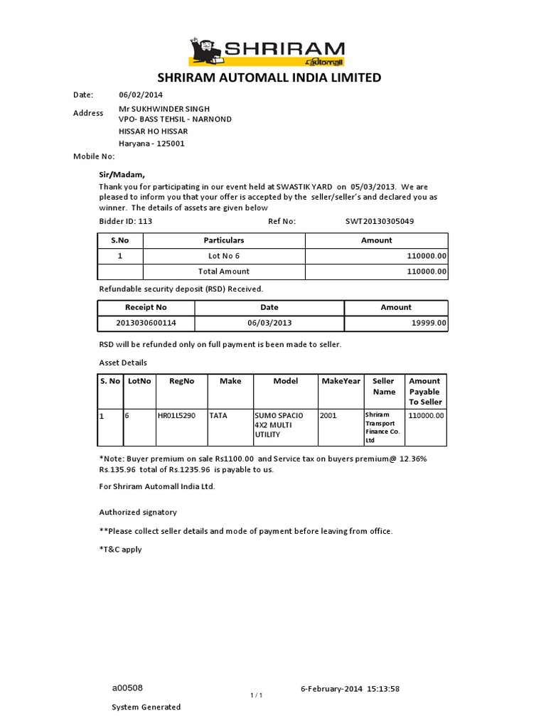 Shriram Automall India Limited: Sir/Madam | PDF