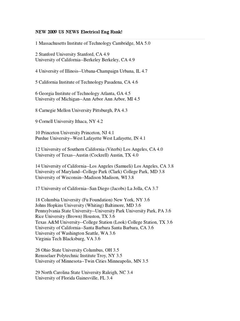 NEW 2009 US NEWS Electrical Eng Rank | PDF | New York | Pennsylvania