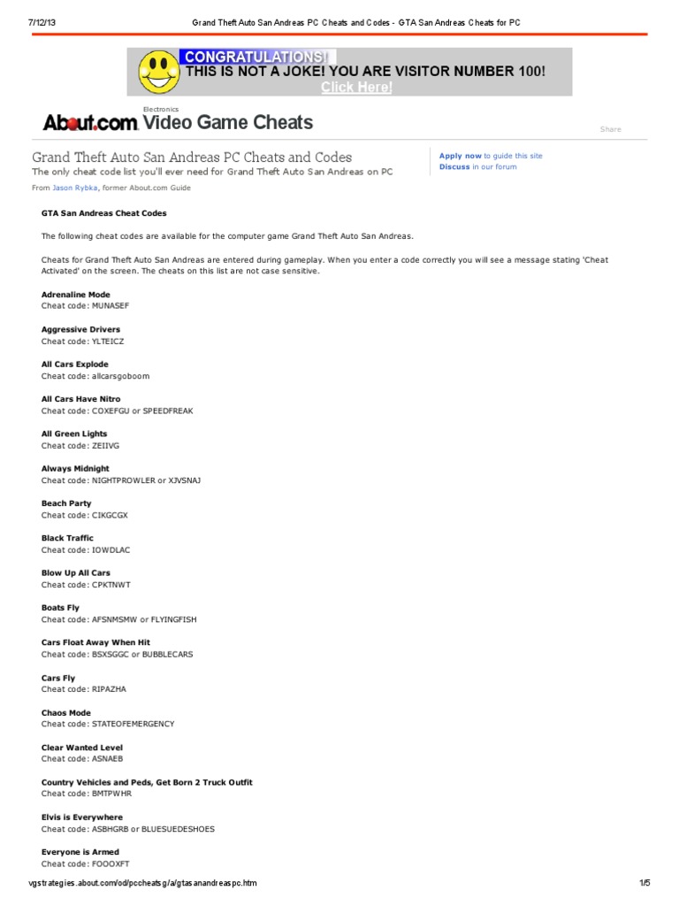 GTA - San Andreas Cheats For PC, PDF, Leisure