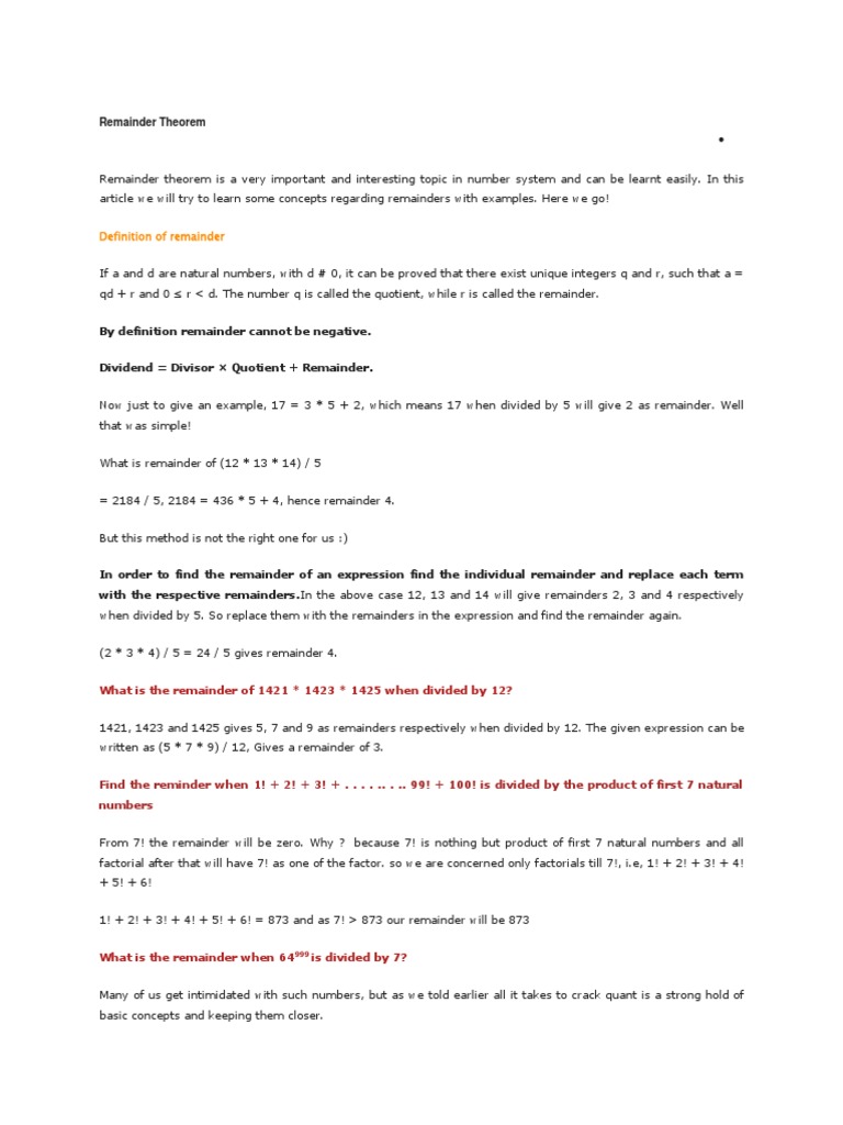 Remainder Theorem Pdf Division Mathematics Prime Number