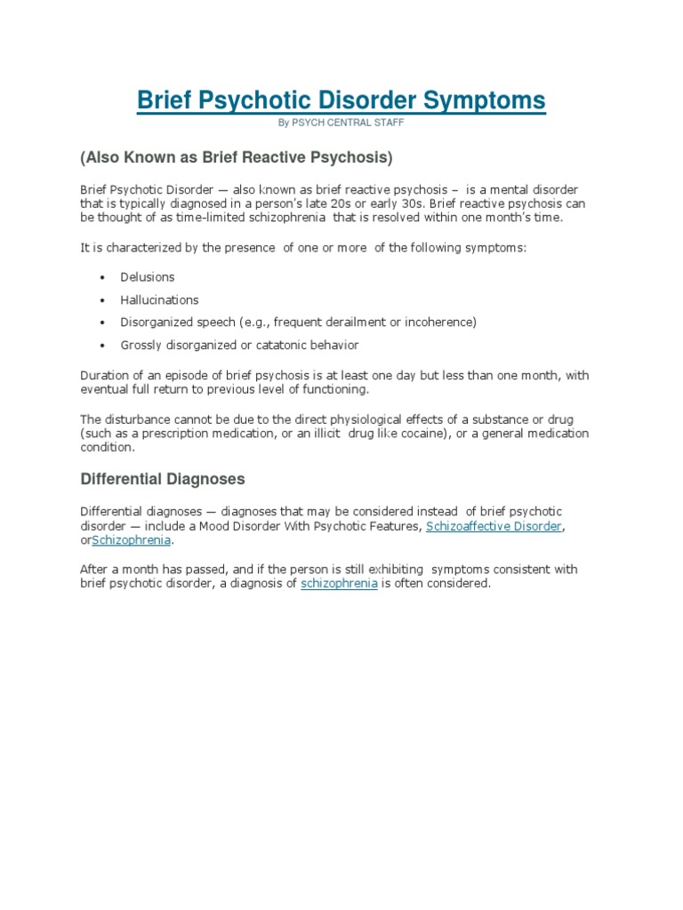 Brief Psychotic Disorder Symptoms Psychosis Schizophrenia