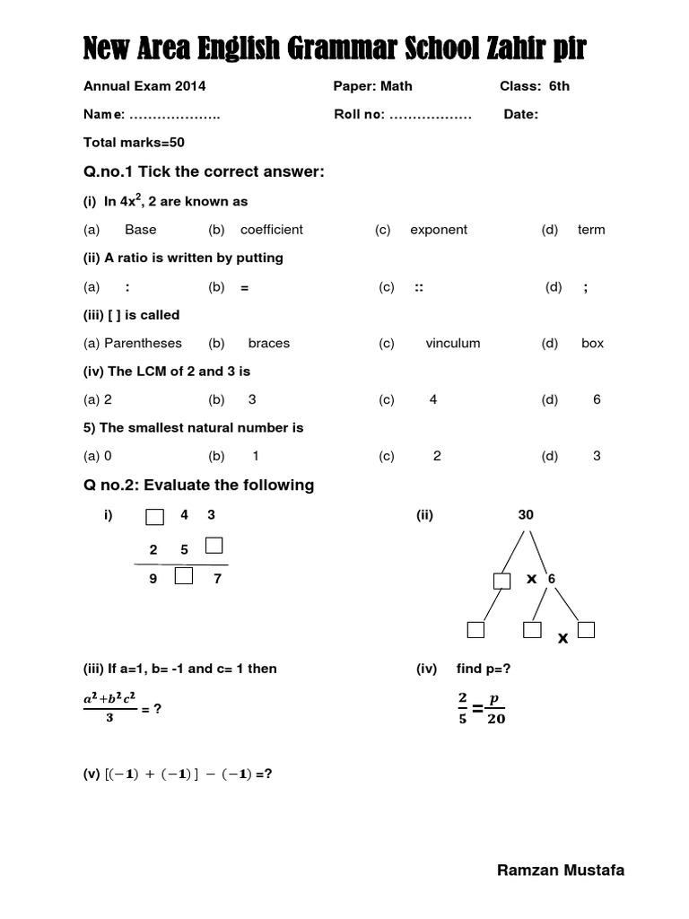 6th Grade Math Exam Paper 2014 | PDF