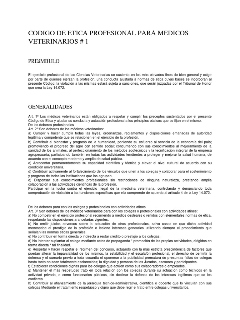 Codigo de Etica Profesional Para Medicos Veterinarios (1) Bioética Medicina Veterinaria