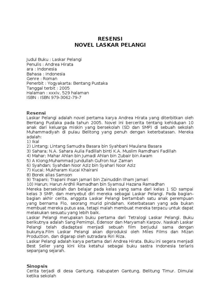 Contoh Resensi Buku Laskar Pelangi Penggambar