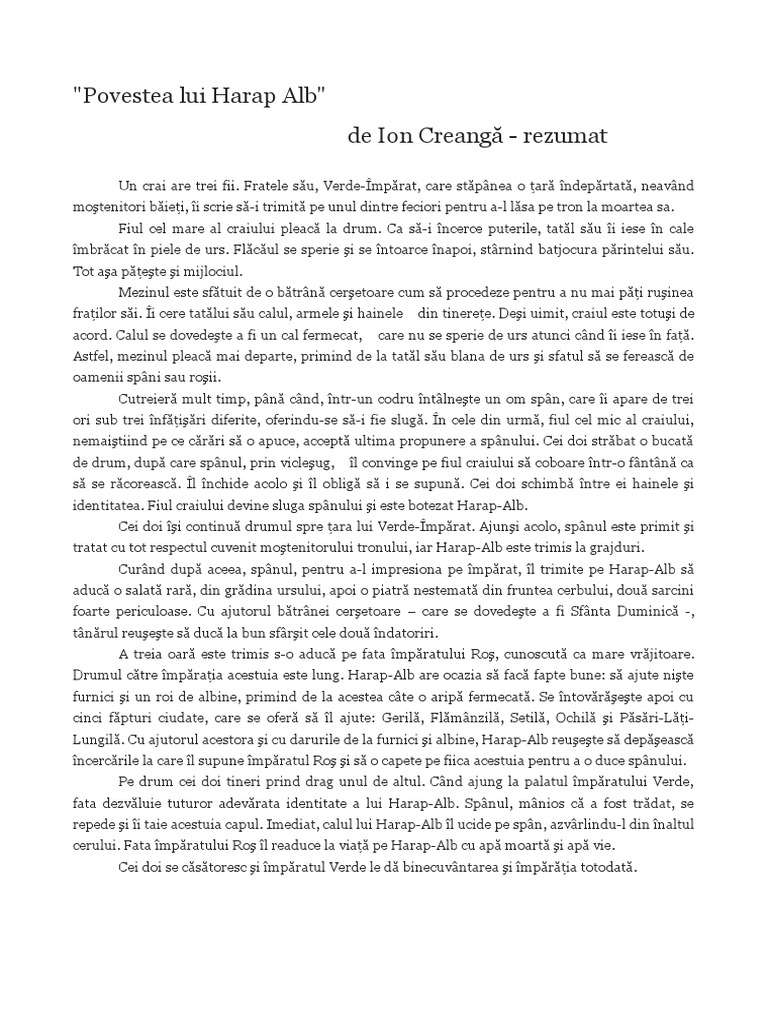 Povestea Lui Harap Alb Rezumat Brainly