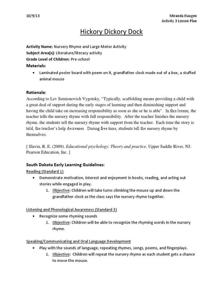 Hickory Dickory Dock | PDF | Preschool | Lesson Plan