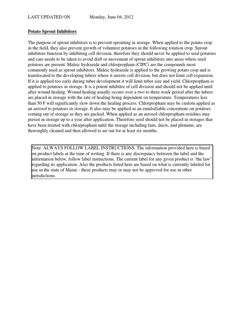 Potato Sprout Inhibitors Overview | PDF | Potato | Enzyme Inhibitor