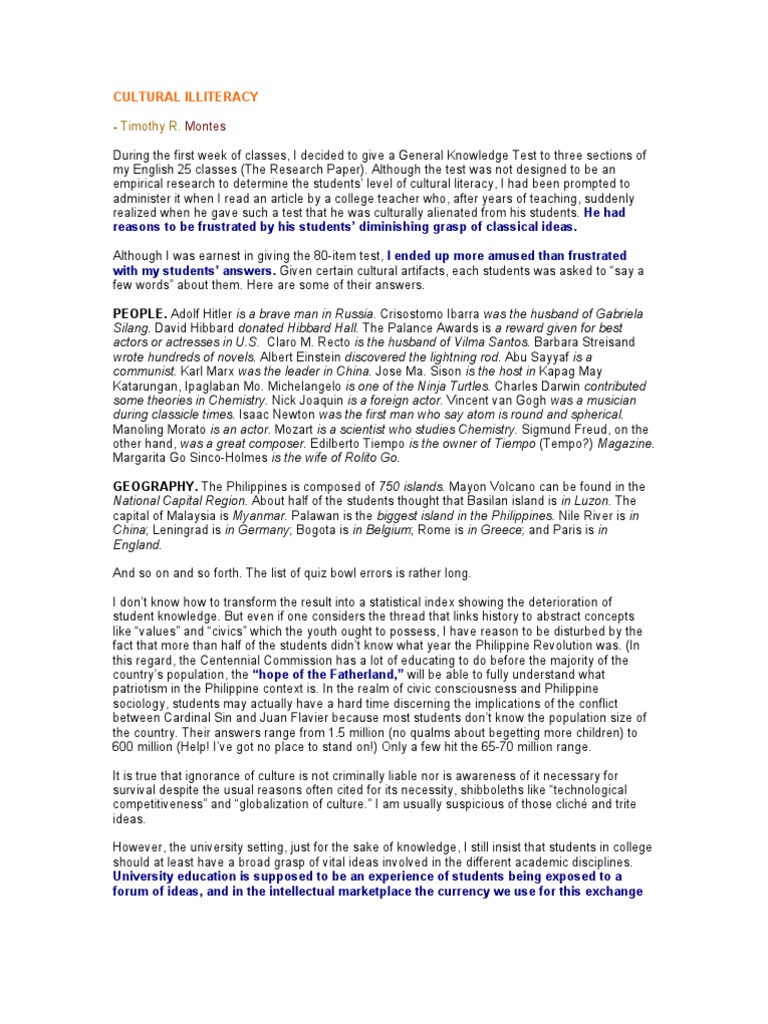 Cultural Illiteracy - Timothy R. Montes | Literacy | Philippines