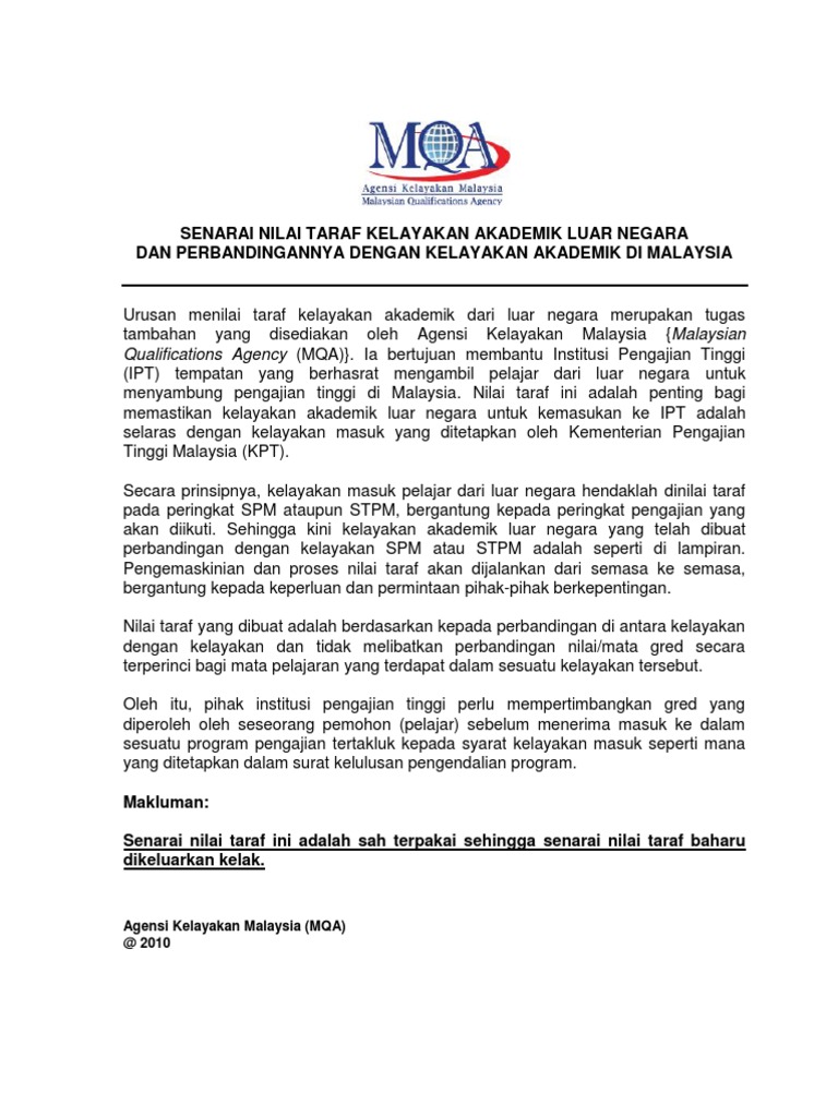 Mqa Kelayakan Akademik Luar Negara Peringkat Menengah 2010 Pdf