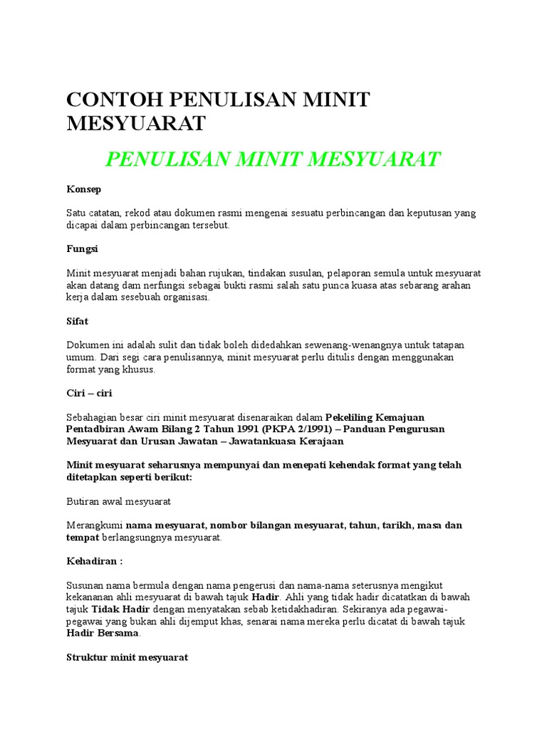 Contoh Penulisan Minit Mesyuarat