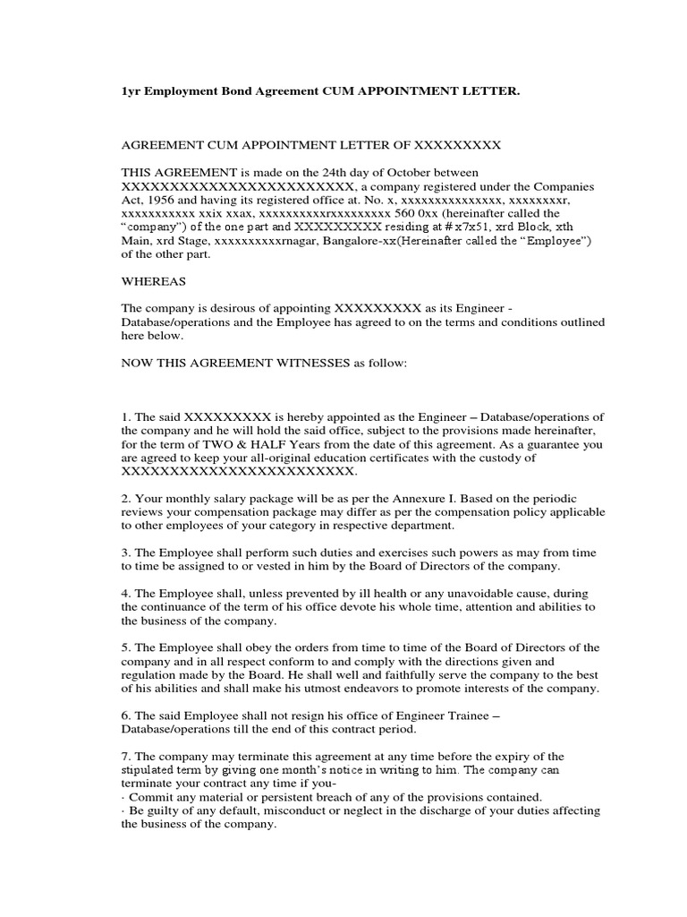 offer contract letter 3 month Bond Appointment Cum Agreement 1yr Letter Employment offer contract letter 3 month Bond Appointment Cum Agreement 1yr Letter Employment