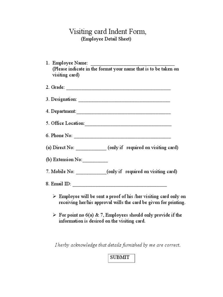 Visiting Card Indent Form | PDF
