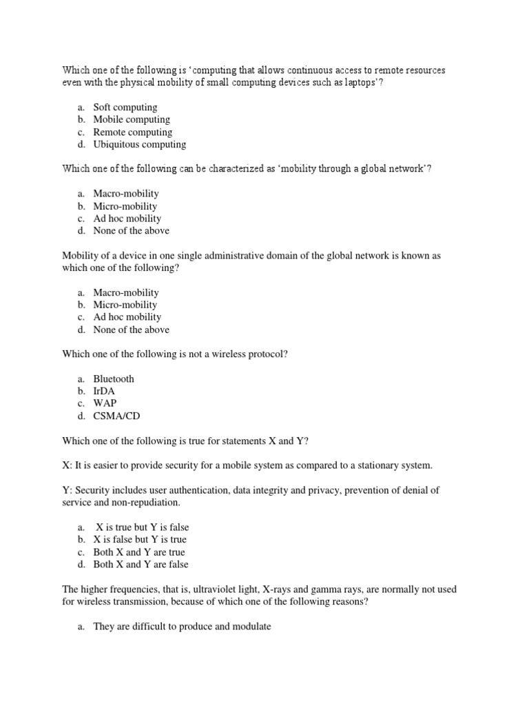 MCQ On Mobile Computing PDF Channel Access Method Computer Network