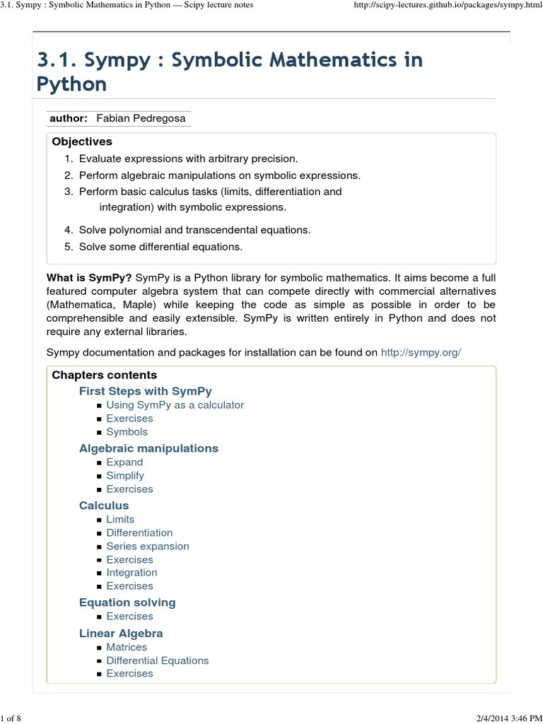 Symbolic Mathematics in Python - Scipy Lecture Notes | PDF ...