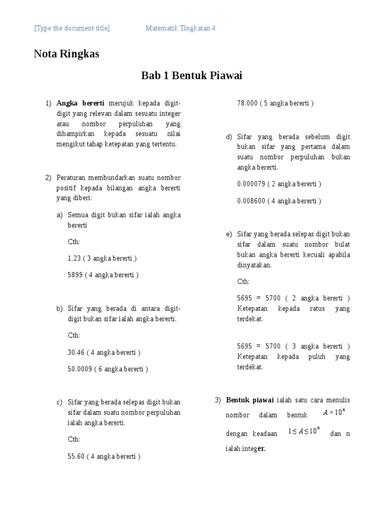 Bab 1 Bentuk Piawai Nota Ringkas Matematik Tingkatan 4 Pdf