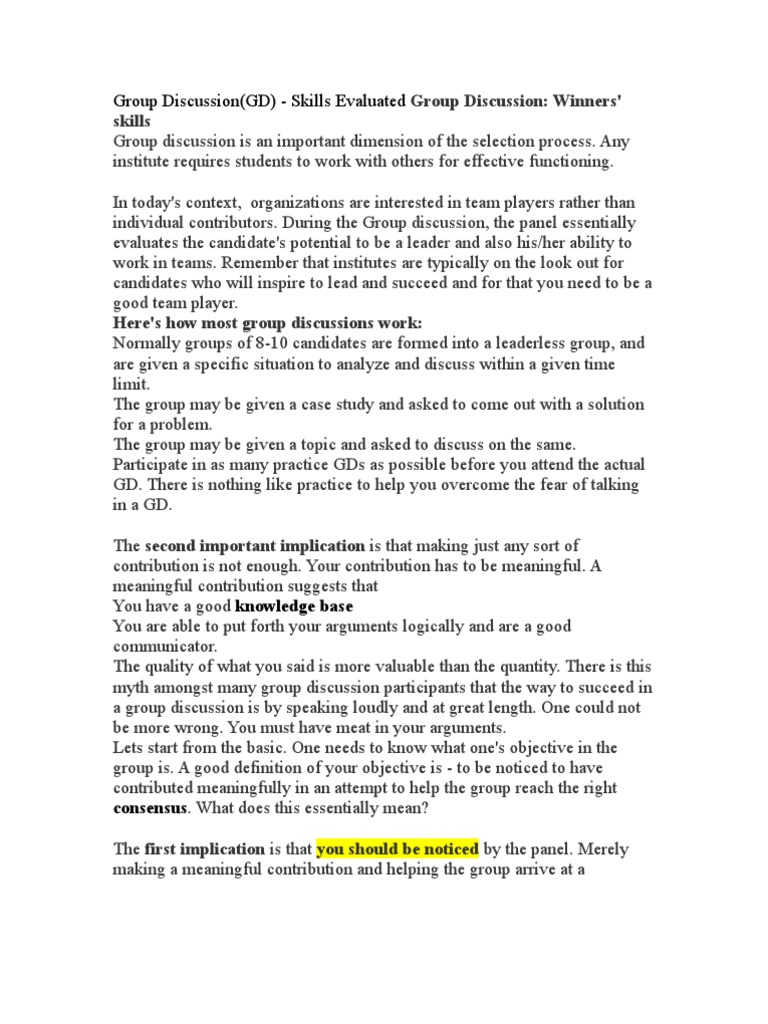 Evaluating Skills in Group Discussions | PDF | Consensus Decision ...