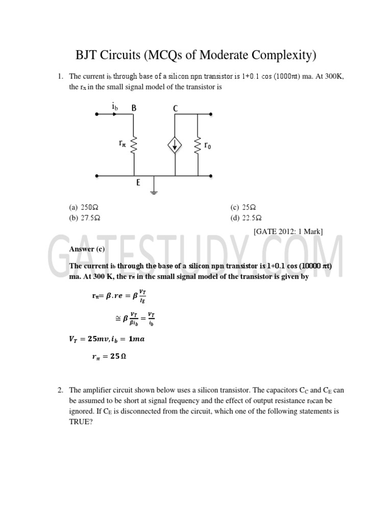 BJT Circuits (Mcqs of Moderate Complexity) PDF Bipolar Junction
