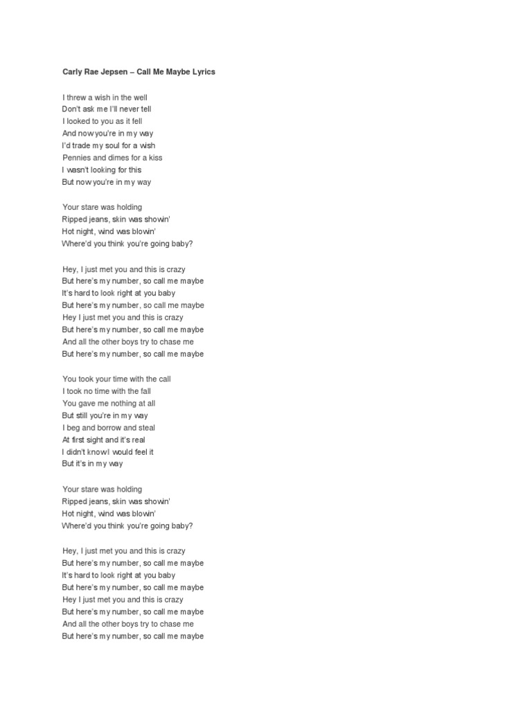 Carly Rae Jepsen Call Me Maybe Lyrics Leisure