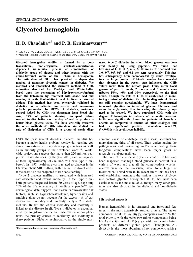 Glycated Hemoglobin in Diabetes Management | PDF | Glycated Hemoglobin ...