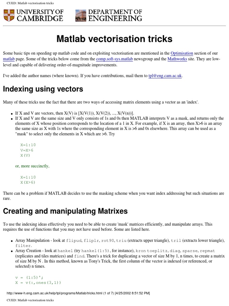 Matlab Tricks For Vectors | PDF