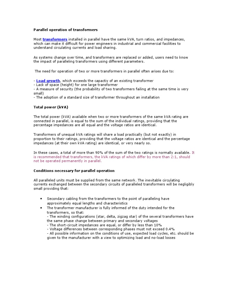 Conditions for Transformer Parallel Operation | PDF | Science ...